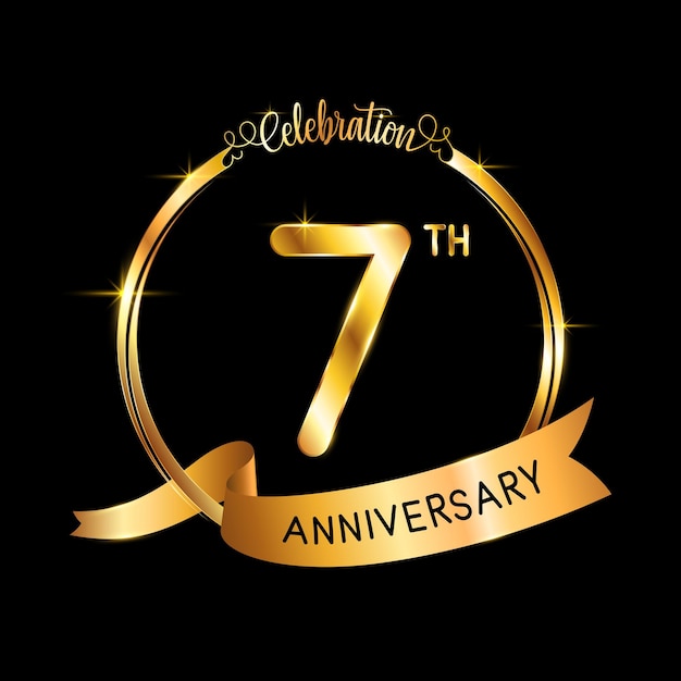 7th Anniversary template design with gold color ribbon and ring Logo Vector Template