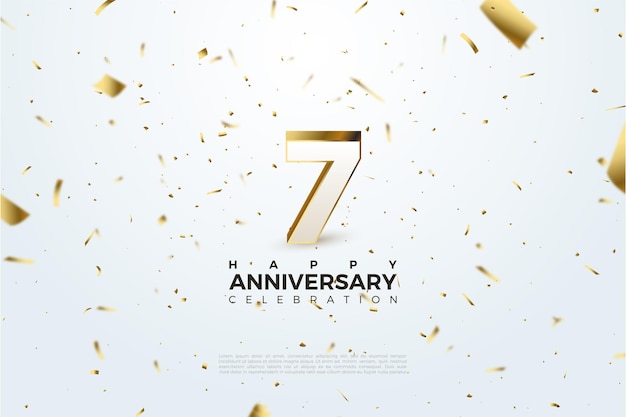 7th anniversary with scattered numbers and gold foil illustrations.