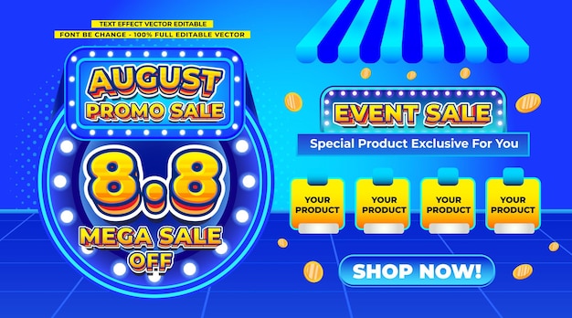 8 8 august mega sale off 3d text editable payday special flash sale event cashback discount social media promo giveaway template background