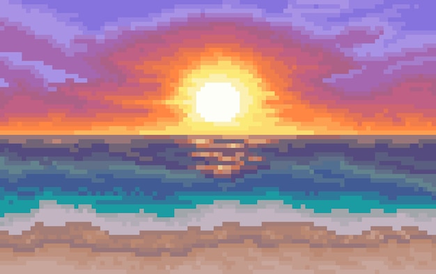 Vector 8 bit background. beach with sun and sea