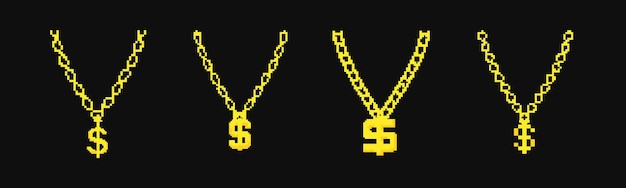 Vector 8 bit dollar chain icon pixel retro rapper chain