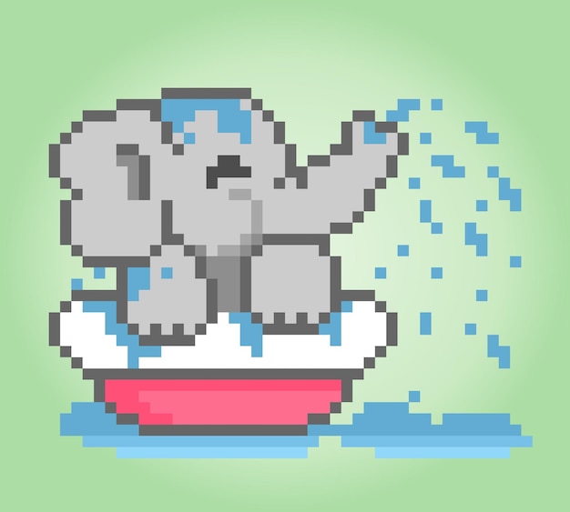 Pixel di elefante a 8 bit che fanno il bagno animali felici per cross stitch nelle illustrazioni vettoriali