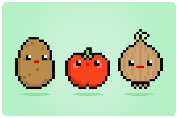 8 bit pixel aardappeltomaat en ui in kawaiistijl. groenten schattig in vectorillustratie