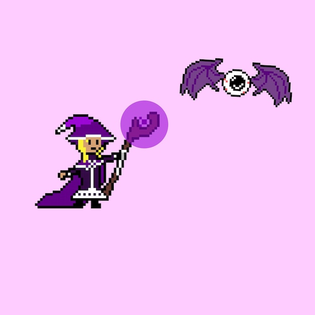 8 bit pixel art style female dark mage necromancer summon evil eye vector