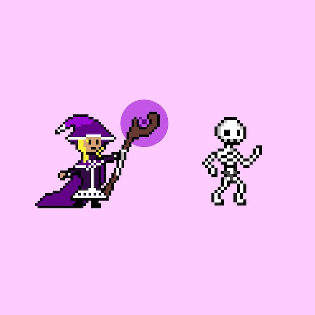 8 bit pixel art style female dark mage necromancer summon skeleton vector