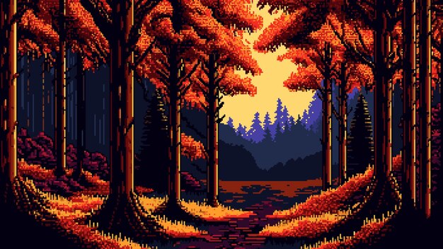 8 bit pixel autumn forest landscape AI generated retro pixel art game background with vector fall season nature Sunny meadow of autumn forest or park maple trees and spruces fallen leaves grass