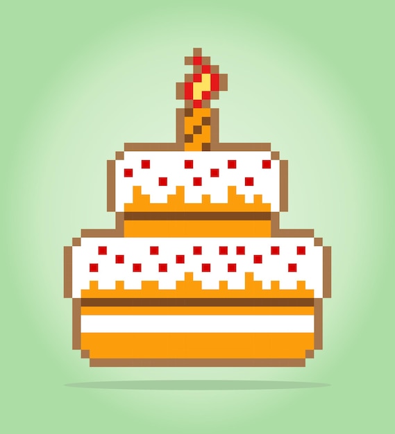 8 bit pixel birthday cake food item for game assets in vector illustration