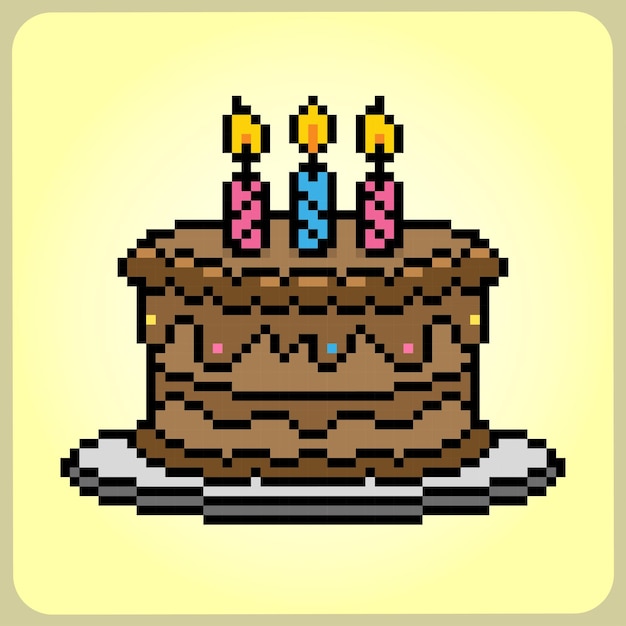 Prodotto alimentare per torta di compleanno a 8 bit pixel per risorse di gioco nell'illustrazione vettoriale