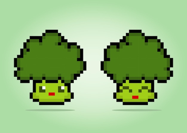 8 bit pixel broccoli characters Vegetable game assets in vector illustrations