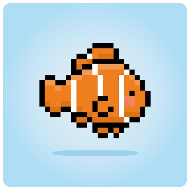 Vector 8 bit pixel, clown fish. animals for game assets in vector illustrations