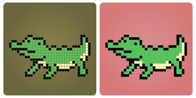 8-битный пиксельный крокодил. Животные в векторной иллюстрации для ретро-игр и рисунка из бисера