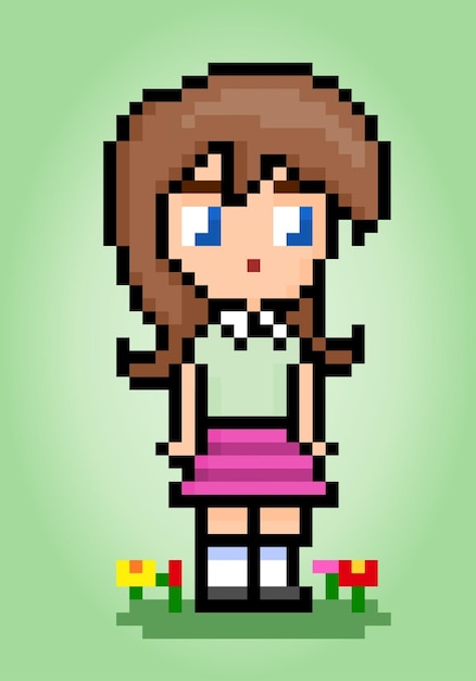 8 bit pixel of the cute girl characters Cartoon women in vector illustrations