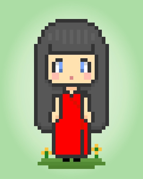 8 bit pixel cute girl wears traditional Chinese cheongsam clothes in vector illustrations
