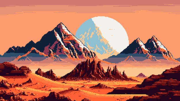 8 bit pixel desert mountains landscape AI generated retro pixel art game background of vector Wild West nature Western game scene with hot sand desert rock canyon mountain range at sunset