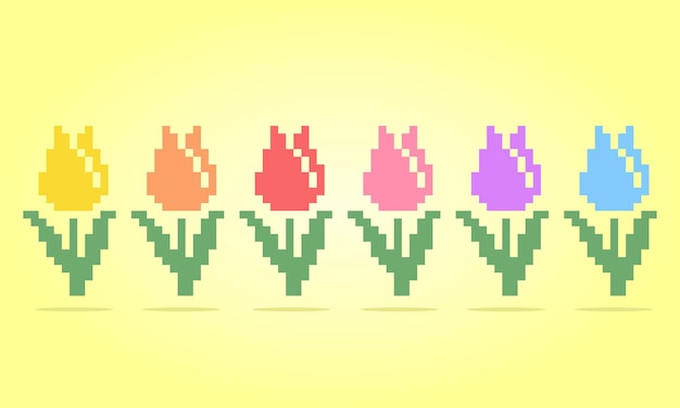 8 bit pixel flower of tulip Set of flowers for cross stitch patterns in vector illustrations