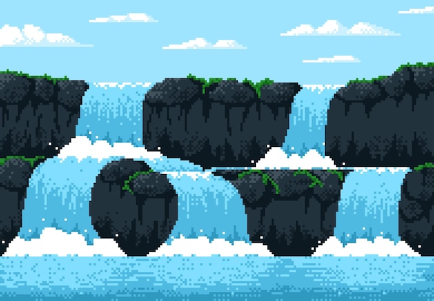 8 bit pixel game waterfall cascade landscape rock