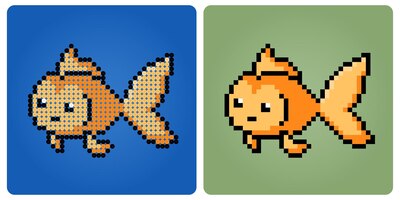 8 bit pixel golden fish. animal for game assets and beads patterns in vector illustrations