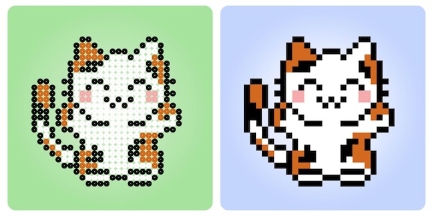 8 bit Pixel happy cat Animals for game assets and beads pattern in vector illustrations