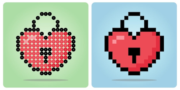 Vettore pixel a 8 bit dell'icona dell'amore chiave a forma di cuore nelle illustrazioni vettoriali per icone di gioco o motivi di perline