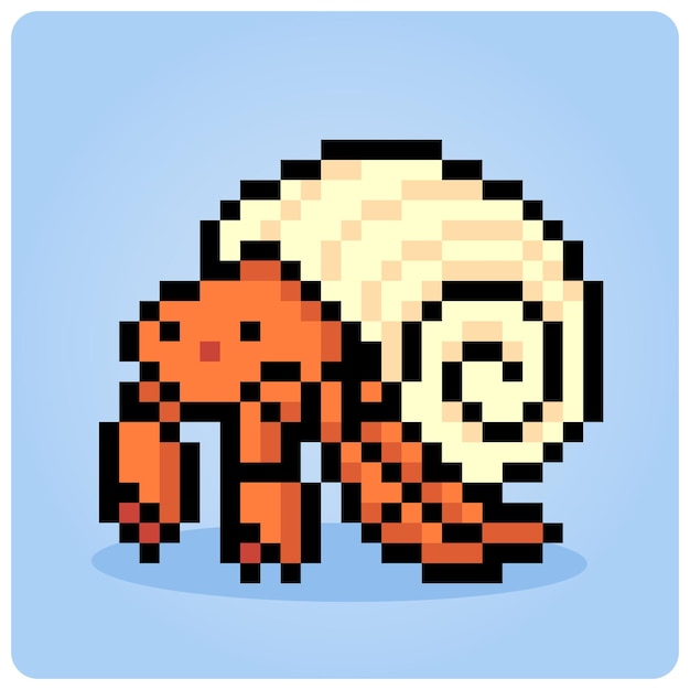 8 bit pixel of hermit crab Pixel animals for game assets and cross stitch patterns in vector