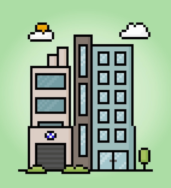 8-битная пиксельная иконка высокого здания в векторных иллюстрациях для игровых активов и веб-иконок