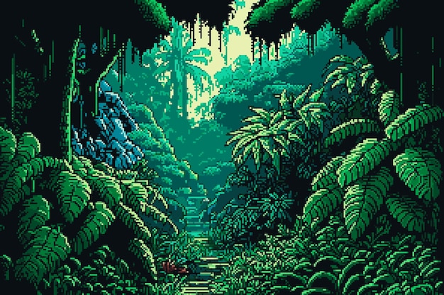 8 bit pixel jungle boslandschap AI gegenereerd Rainforest retro pixel art spel achtergrond met vector tropische bomen groen blad planten palmen en lianen Jungle bos natuur spel achtergrond