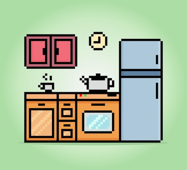 8 bit pixel kitchen set table refrigerator and coffee teapot in vector illustrations for game assets