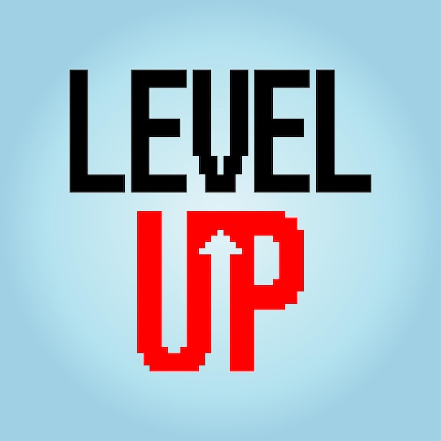 Vector 8 bit pixel levelup show fonts for game assets and cross stitch patterns in vector illustrations