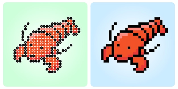 8-битный пиксельный лобстер. Пиксельные животные для игровых ресурсов в векторных иллюстрациях