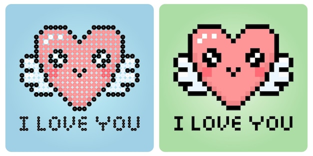 Vector 8 bit pixel love heart icon with wing in vector illustration for game icon or beads pattern