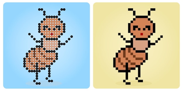 8 bit pixel mier karakter. Dieren voor spelactiva en kralenpatroon in vectorillustraties