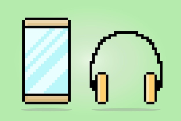 Vector 8 bit pixel, modern hardware technology, smartphone and headphone. icon pixels for game assets and w