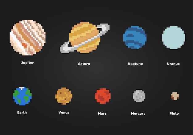 Vector 8 bit pixel of the planet collection voor game-items in vectorillustraties