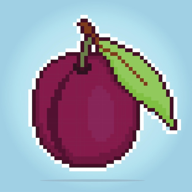 8 bit pixel plum Pixel Fruits in Vector illustration for game assets or cross stitch pattern