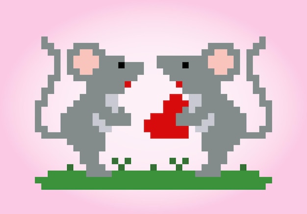 ベクトルイラストのクロスステッチパターンのための愛の動物のカップルの8ビットピクセル