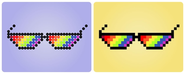 8 bit pixel regenboogbril. accessoires voor spelactiva en kruissteekpatronen in vector