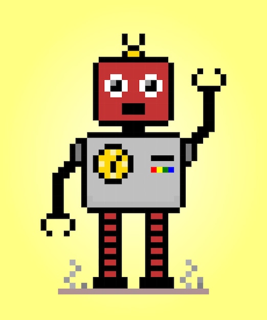 8 bit pixel robot in vector illustrations for game assets