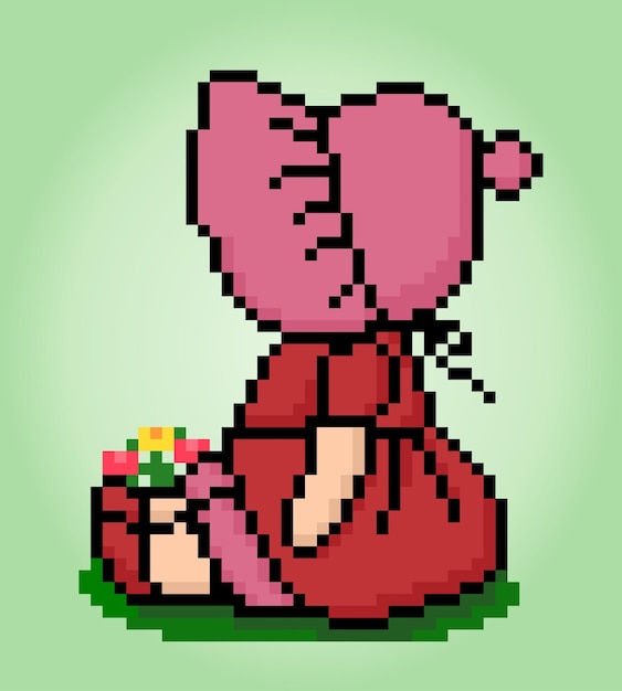 8 bit pixel sitting girl for game assets and cross stitch patterns in vector illustrations