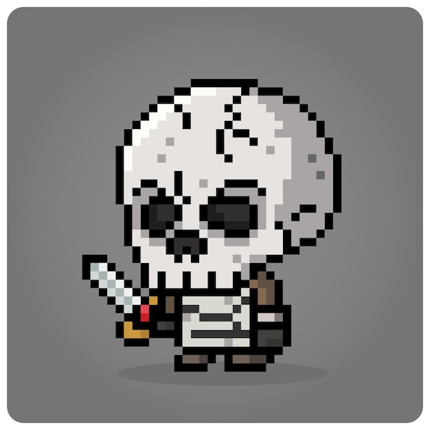 8 bit pixel skull face character for game assets and cross