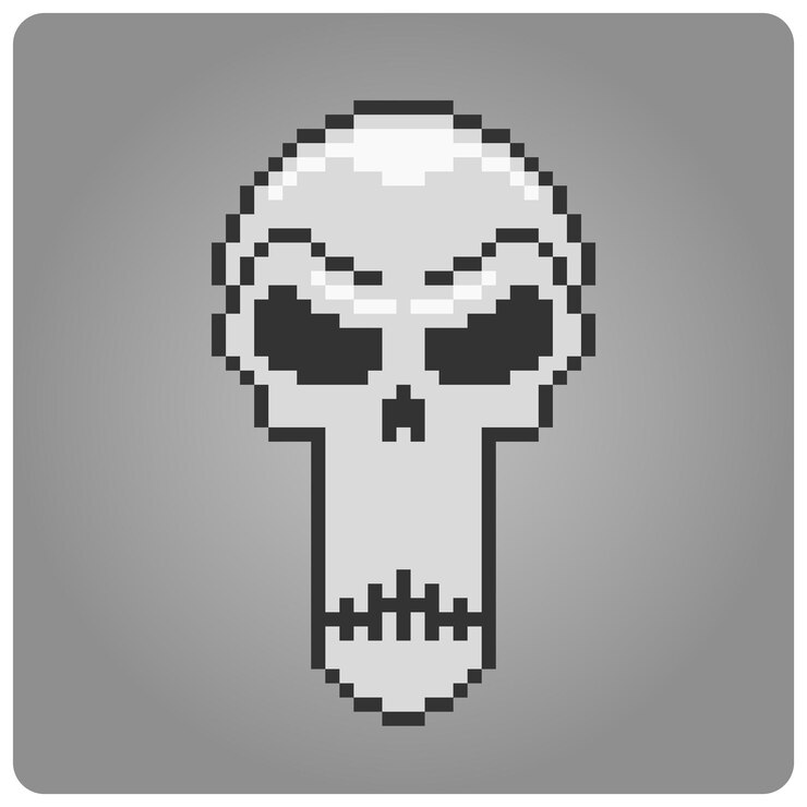 8 bit Pixel skull icon. Vector illustration for game assets