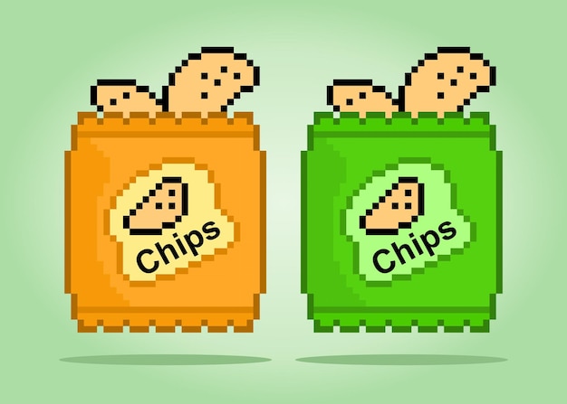 8 bit pixel snacks Verpakking voedsel chips aardappel voor game activa in vectorillustraties