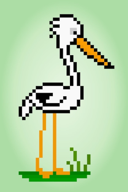 Pixel a 8 bit di una cicogna pixel art animale per schemi a punto croce nelle illustrazioni vettoriali