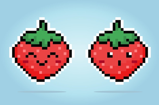 8 ビット ピクセルのイチゴのキャラクター ゲーム アセットとクロス ステッチ パターンのピクセル フルーツ