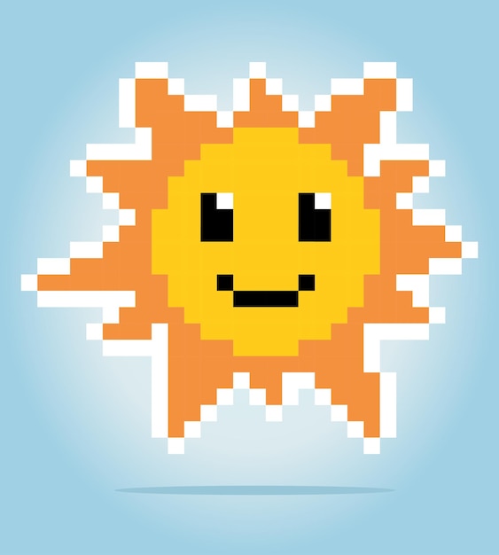 Vector 8 bit pixel of sun with face for game assets and cross stitch patterns in vector illustrations