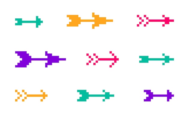 벡터 8비트 픽셀 부족 화살표 벡터 아이콘 세트, 이전 pc 또는 게임 콘솔 스타일의 활 방향 커서에서 화살표 모음, 로고의 단일 색상 기호.