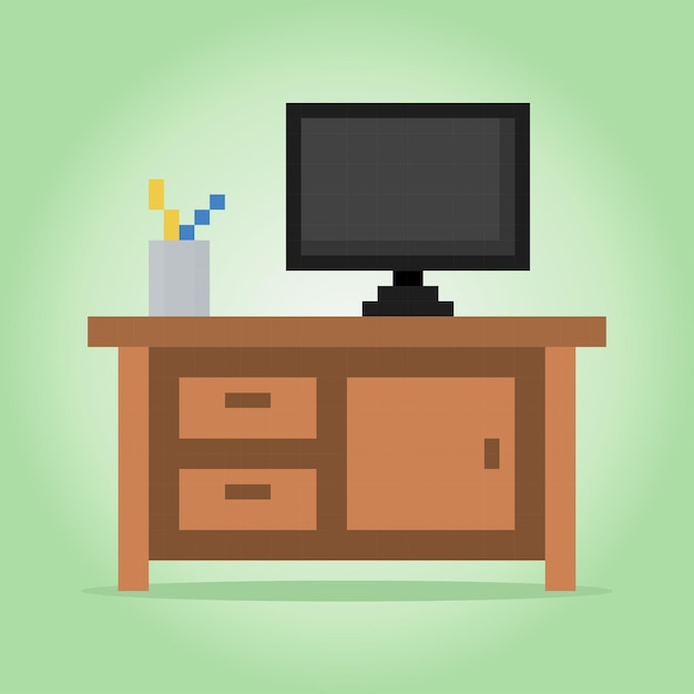 8 Bit Pixel-werkplek in vectorillustratie voor game-items Platte desktop op bureau in Pixel Art