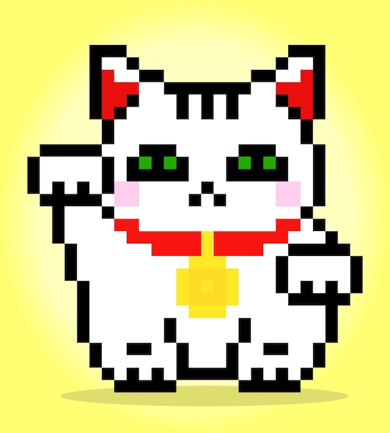 8 bit pixel a white cat The Lucky cat Maneki Neko in vector illustration