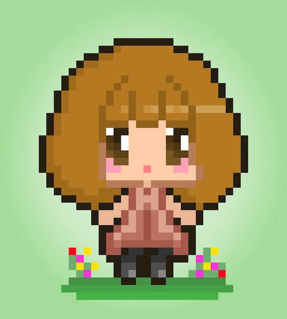 Personaggio femminile a 8 bit di pixel ragazza di cartoni animati anime in illustrazioni vettoriali per schema punto croce