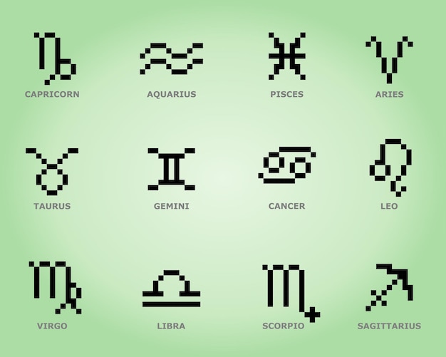 8 bit pixel zodiac set Stars symbol for astrology horoscope Astrological calendar collection