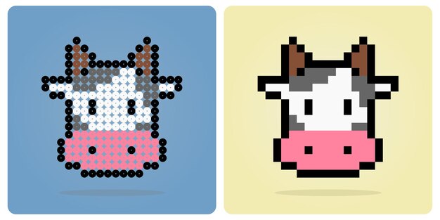 8 bit pixelkop van een koe. Dieren voor spelactiva in vectorillustraties Beads Pattern of a Cow